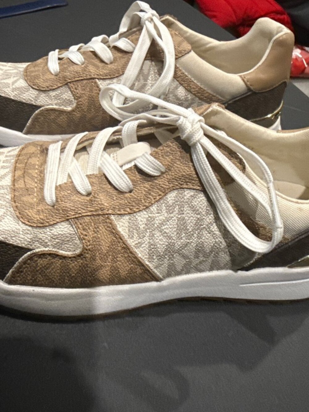 Michael Kors Women's Monique MK Monogram Sneakers White/Brown 7.5M
